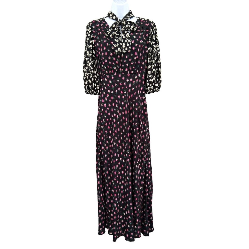 RIXO Annika Black Floral Maxi Dress With Tie Neck Size Small Mixed Print - Picture 4 of 15